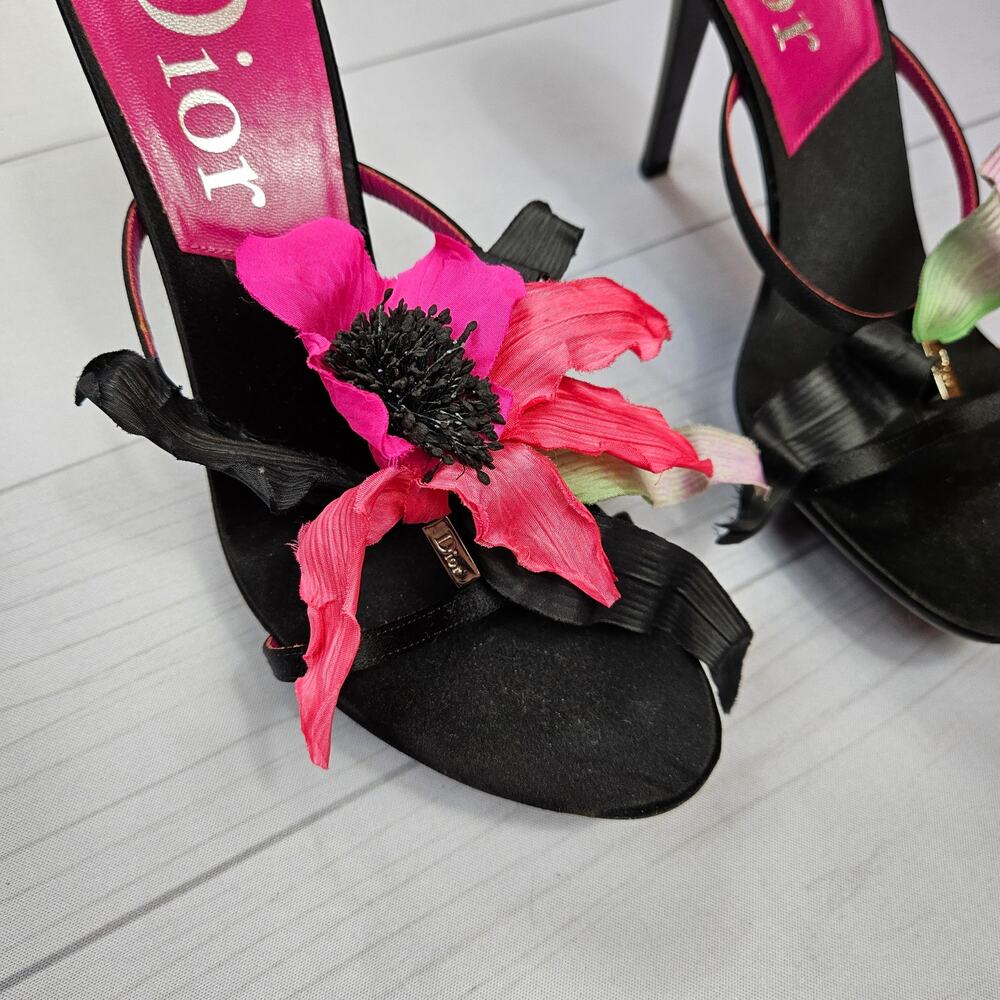 Y2k Dior Heels Hawaii Glamour Mules Black Satin Flower Detail Rare - Size 37 EU - Picture 5 of 16